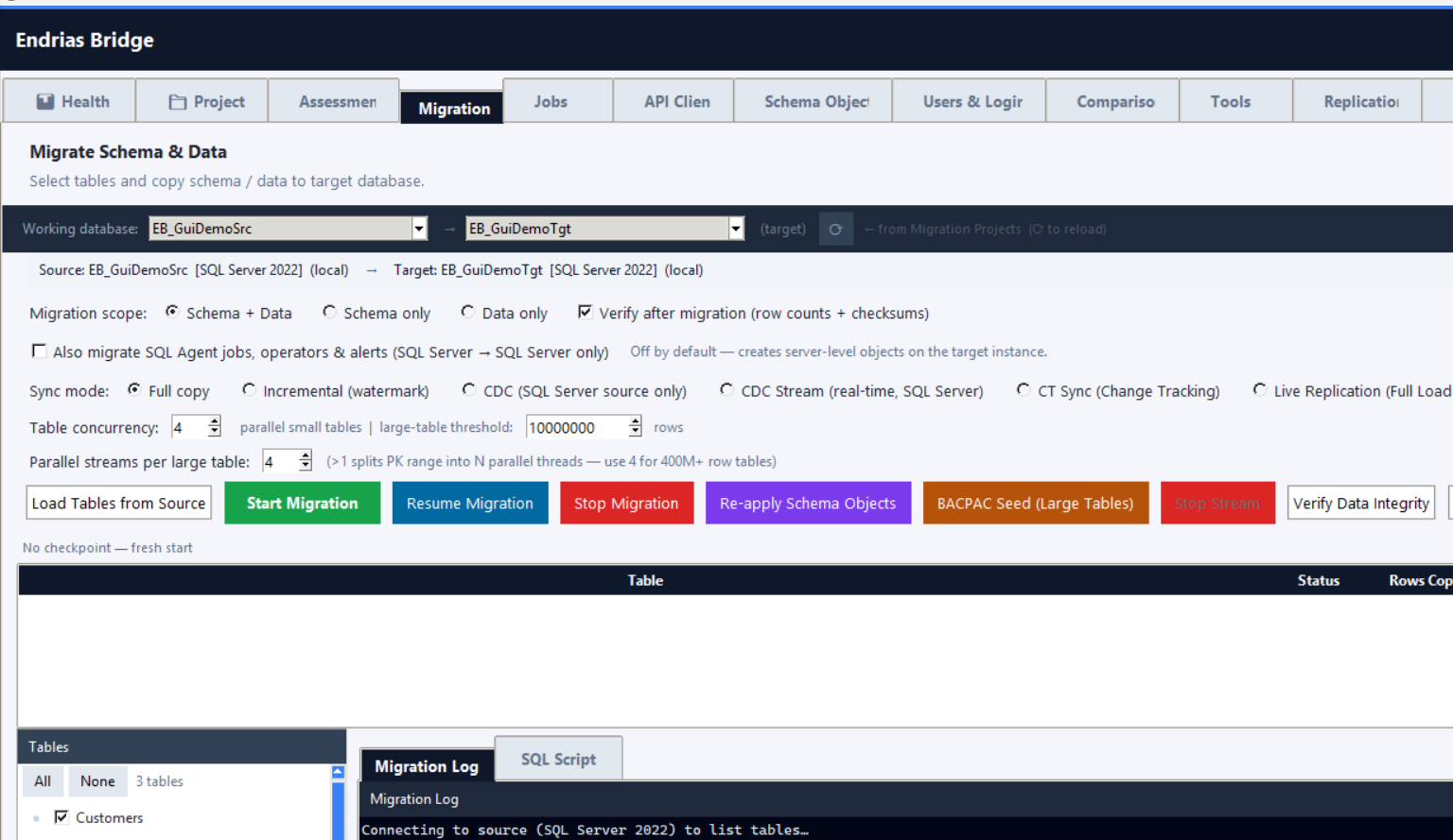 Endrias Bridge Migrate tab showing source/target databases, migration scope, sync mode, and table selection